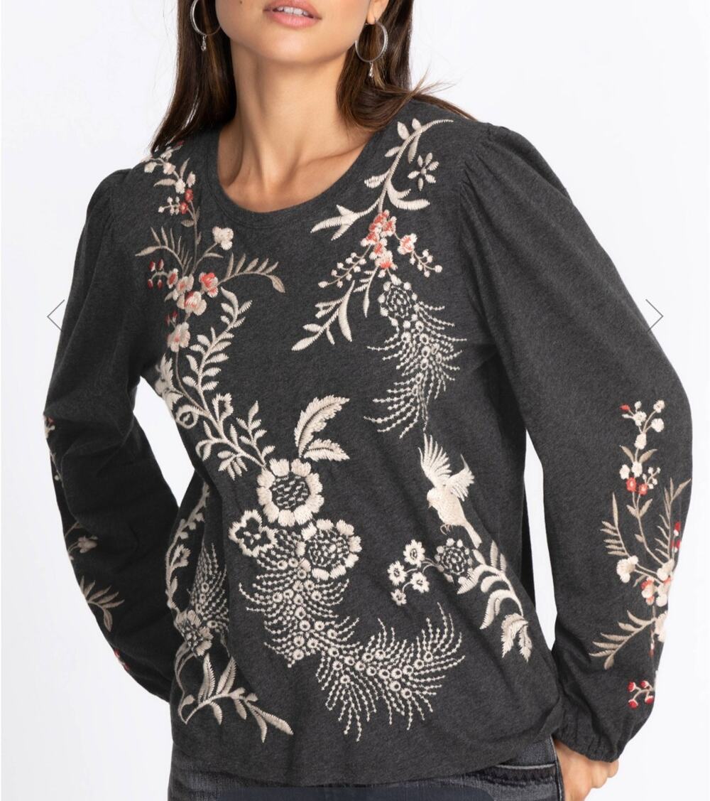 Johnny Was Valentina Long Sleeve Bishop Tee Women's XXS Grey Embroidered